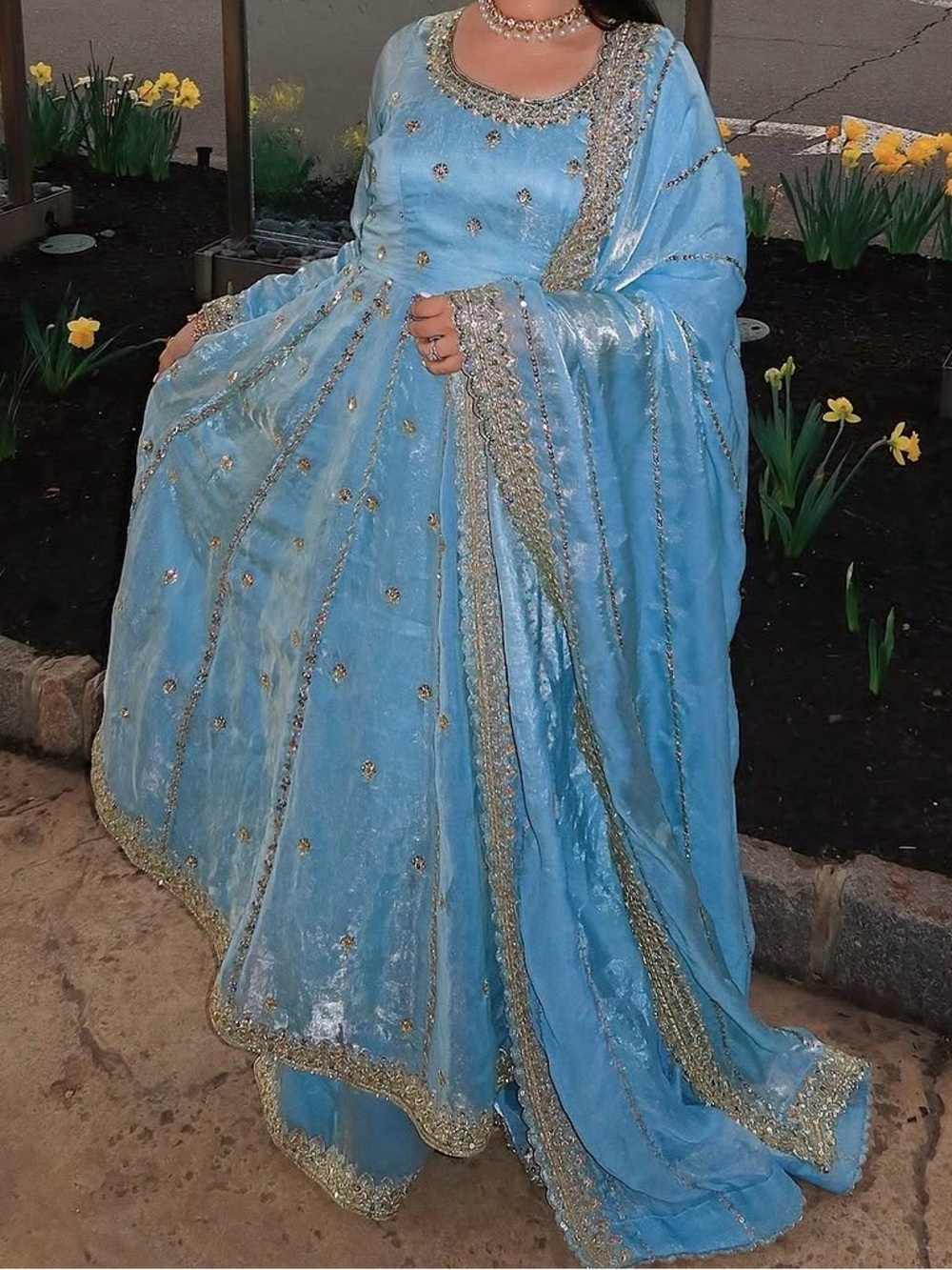 Embroidered Aqua Blue Party Lehenga with Gold Accents worn once from Lashkaraa